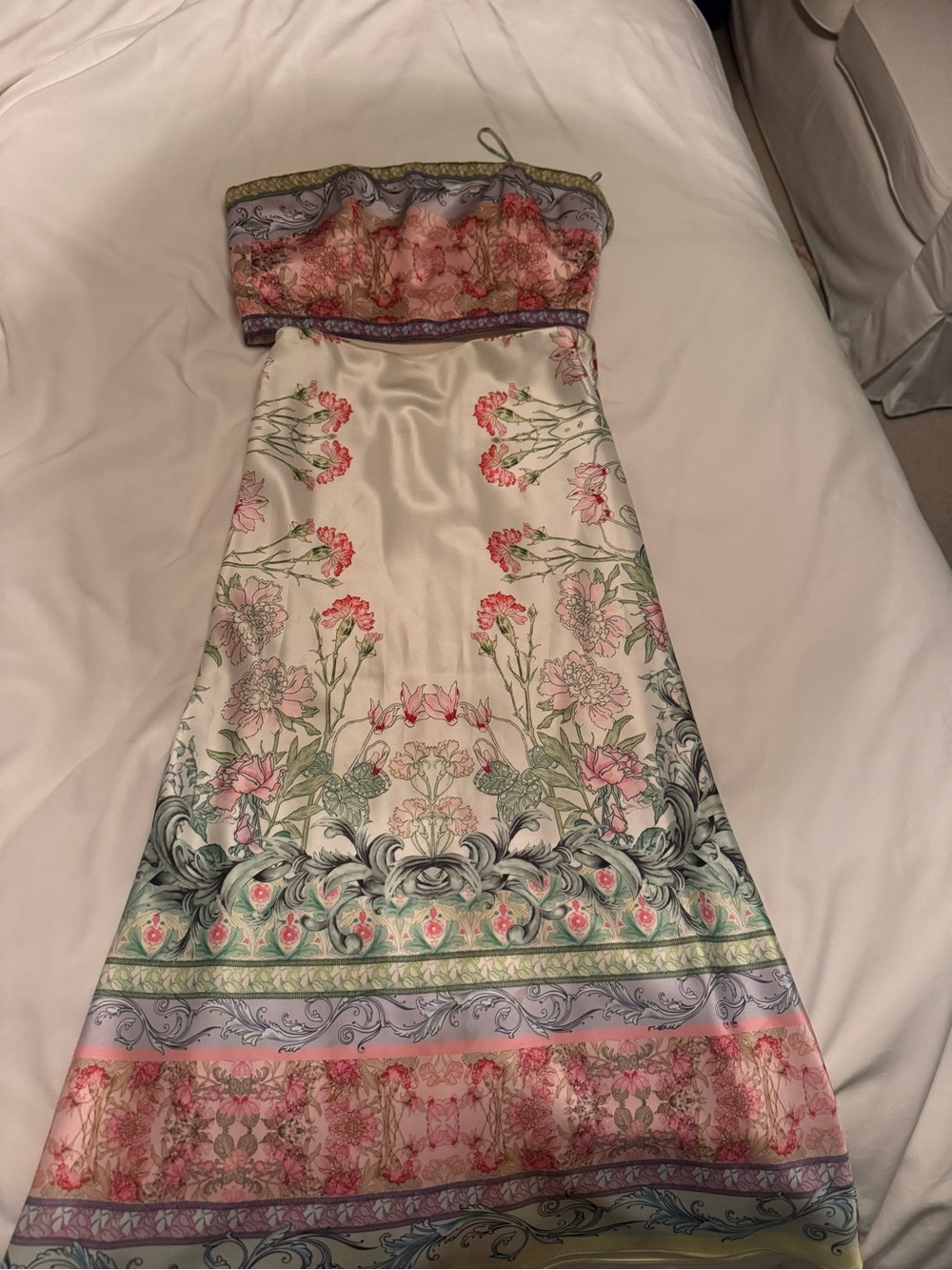 Alice + Olivia Cream Floral Strapless Satin Maxi
